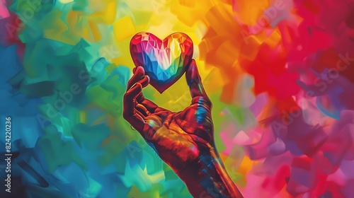 A playful depiction of a hand holding a rainbow heart aloft, radiating joy and acceptance in honor of pride month.