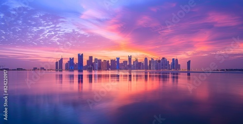 Landscape of the city skyline seen at sunset with the sea in front, and colorful clouds in the sky