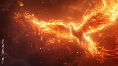 Fire bird phoenix with fire wings flies in the sky.