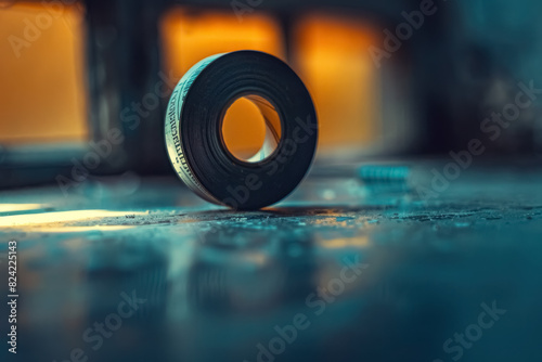 hyperrealistic photo of a roll of tape in dramatic lighting with industrial background