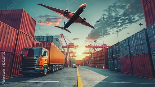 Digital composition of cargo truck and container in port with flying plane for logistics, transportation and global business background concept