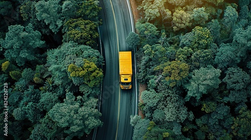 Aerial view of yellow heavy truck on a narrow twisting road through forest area. copy space for text.
