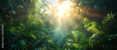 Background Tropical. The rainforest's dense foliage conceals vibrant flowers that burst in dazzling colors, their bright petals shining against the green expanse.