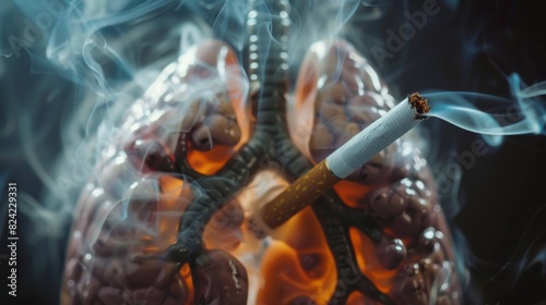 Dangers of smoking, Clogged lungs and addiction concept . Damaged lung tissue caused by cigarette smoke inhalation.