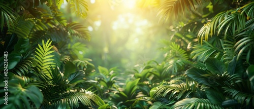 Background Tropical. The lush rainforest foliage is a mosaic of greens, with broad leaves, delicate fronds, and trailing vines competing for space and sunlight.
