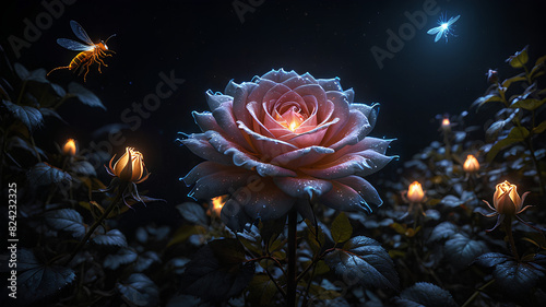 AI image generate hybrid rose blooms in dark night