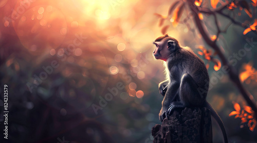 A monkey is sitting on a log in a forest wallpaper