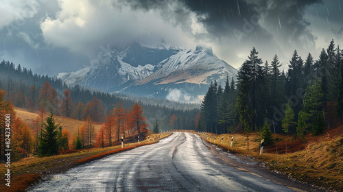 road to high tatra mountain ridge in stormy weather with rain cloud background