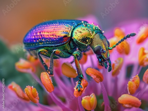 The shimmering wings of a beetle as it crawls over the surface of a flower, inadvertently brushing against the stamens and pistils and transferring pollen between blooms as it searches for food.