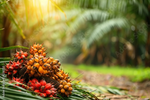 Oil Palm fruits with palm plantation background. - generative ai