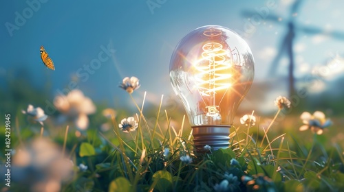 A light bulb is lit up in a field of flowers, green energy concept