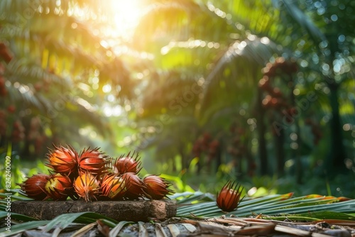 Oil Palm fruits with palm plantation background. - generative ai