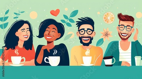 See a flat design of a group of coworkers sharing a laugh over a coffee break
