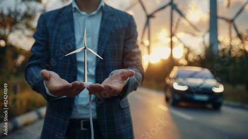 A man is holding a wind turbine in his hand, green energy concept