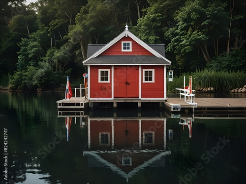 Charming boathouse with a small dock and nautical decor, generative AI