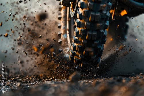 Adventure on Two Wheels Motorcycle Tire Ripping through Muddy Dirt Road with Splashing Water and Dirt Trails