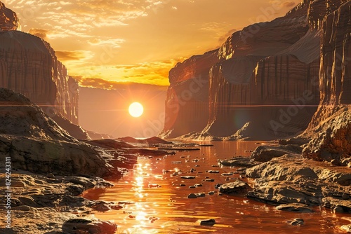 majestic canyon at sunset with sun over stone wasteland 3d rendering landscape