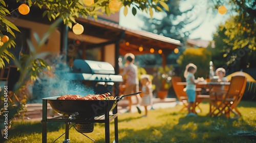 Family enjoying a barbecue in the backyard, grilling food, children running around, festive and relaxed atmosphere