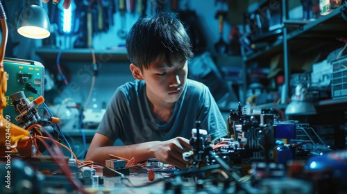 The picture of the east asian male teenager is working on the mechanical robot in his own workshop, the technician also require skill like technical knowledge, time management and experience. AIG43.