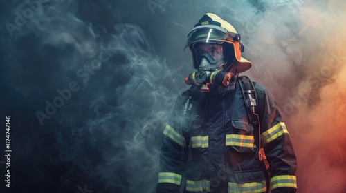 fireman in full gear with helmet and gloves standing on dark background, banner for stock photo, copy space at the left side of banner, smoke coming from right top corner