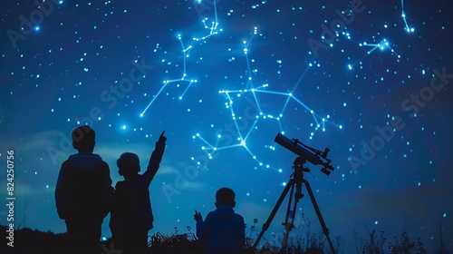 Parents and children stargazing in the backyard, telescope set up, everyone pointing at constellations, clear night sky