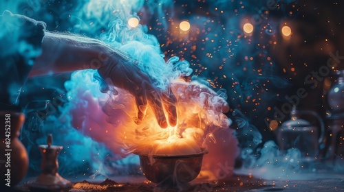 Illustrate an alchemist carefully mixing ingredients in a crucible, with colorful vapors rising from the mixture, Close up