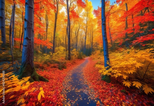 vibrant autumn hiking trail exploration polarizing filter enhanced colors, fall, foliage, outdoor, adventure, scenic, route, nature, walk, hues, colorful