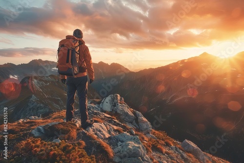man standing on mountain top with backpack sunset with red sky and orange clouds outdoor adventure