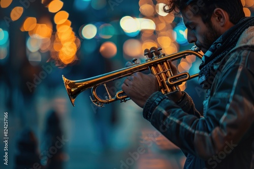 A man playing a trumpet in the night city.