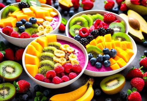 close ups vibrant colorful smoothie bowls polarizing filter enhancing color saturation reducing glare, fruit, mixed, berries, banana, kiwi, mango, blueberry,