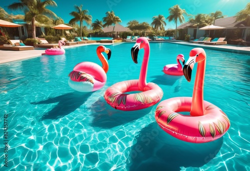 turquoise water floating flamingo pool floaties under bright sunlight circular polarizer, outdoors, vibrant, colorful, summertime, relaxation, vacation