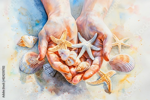 Watercolor hands holding seashells and starfish, detailed, high resolution, no background, light colors, sun rays, hyper quality