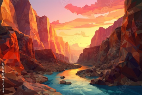 Low poly artwork depicting a glorious canyon at sunset, featuring a river flowing through rugged rock formations bathed in warm hues.