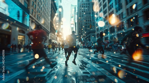 A group of parkour athletes run through a bustling city street their augmented reality devices projecting virtual obstacles in front of them.