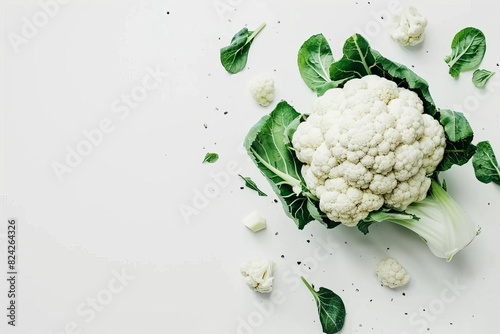 minimalist composition of fresh cauliflower head on pure white background food photography