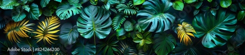 Background Tropical. Each leaf glistens with dew, reflecting the first light of dawn like tiny jewels adorning the verdant tapestry of the forest, a testament to nature's intricate beauty.