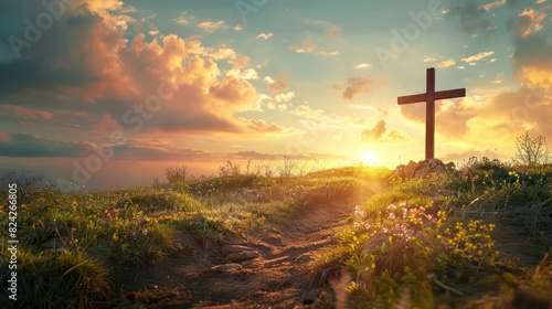 A serene landscape with a glowing sunset in the background, symbolizing the divine presence of Jesus Christ. 