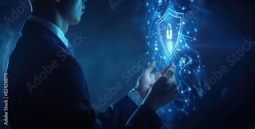 Businessman with virtual shield on screen, symbolizing digital security vigilance