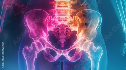 The image shows a 3D rendering of a human pelvis in blue and pink