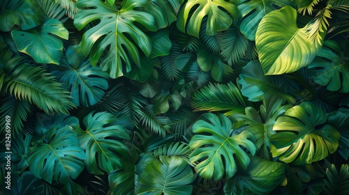 Background Tropical. Enveloped by verdant foliage, the rainforest's lush canopy acts as a protective barrier, shielding the forest floor from the intense sun and fostering a cool shaded environment.