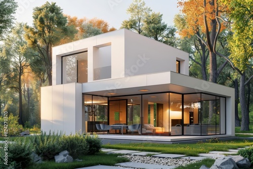 modern cubic house in serene wooded environment isolated 3d rendering