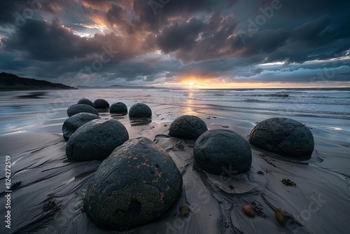 moeraki boulders under dramatic dawn sky iconic new zealand landmark moody landscape photography