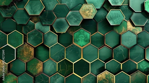 A sophisticated geometric abstract background with symmetrical hexagonal patterns in shades of emerald green and gold, providing a luxurious and polished look.