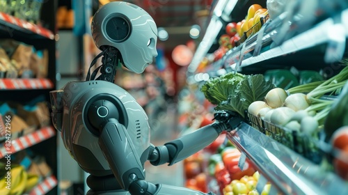 Humanoid robot shopping for vegetables at a grocery store, selecting and purchasing fresh produce. the integration of robotics in everyday life and their role in modern retail environments.
