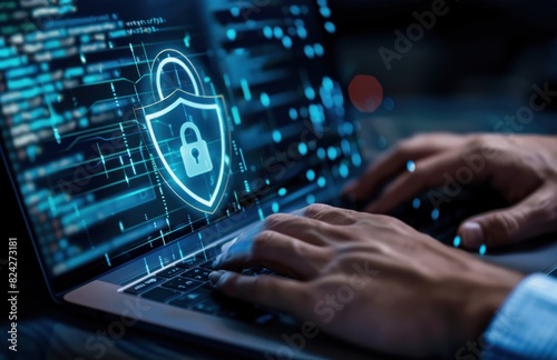 Virtual screen cybersecurity: Digital shield and padlock icon.