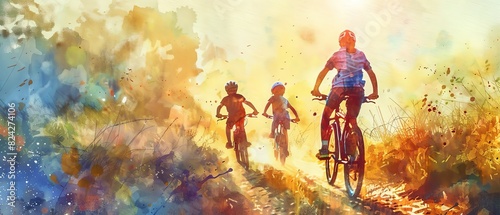 Watercolor representation of a family biking along a scenic trail, detailed bicycles, nature, and sunlight, vibrant colors, dynamic action, high resolution
