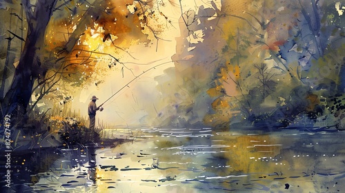 Watercolor artwork of a person fly fishing in a river, detailed angler, fishing rod, and water, serene atmosphere, natural beauty, high detail