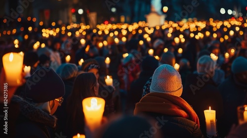 A large crowd holding candles during a peaceful night vigil, creating a warm and solemn atmosphere with glowing lights.