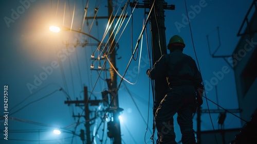 A dedicated electrician working on power lines at night, illuminated by streetlights, ensuring the electrical grid's functionality and safety.