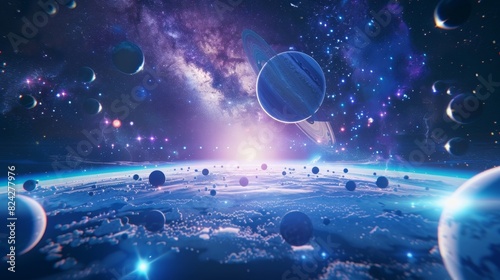 A VR ride that takes passengers on a journey through outer space zooming past planets and stars.
